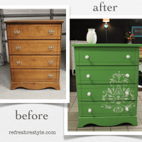 before and after green with stencil