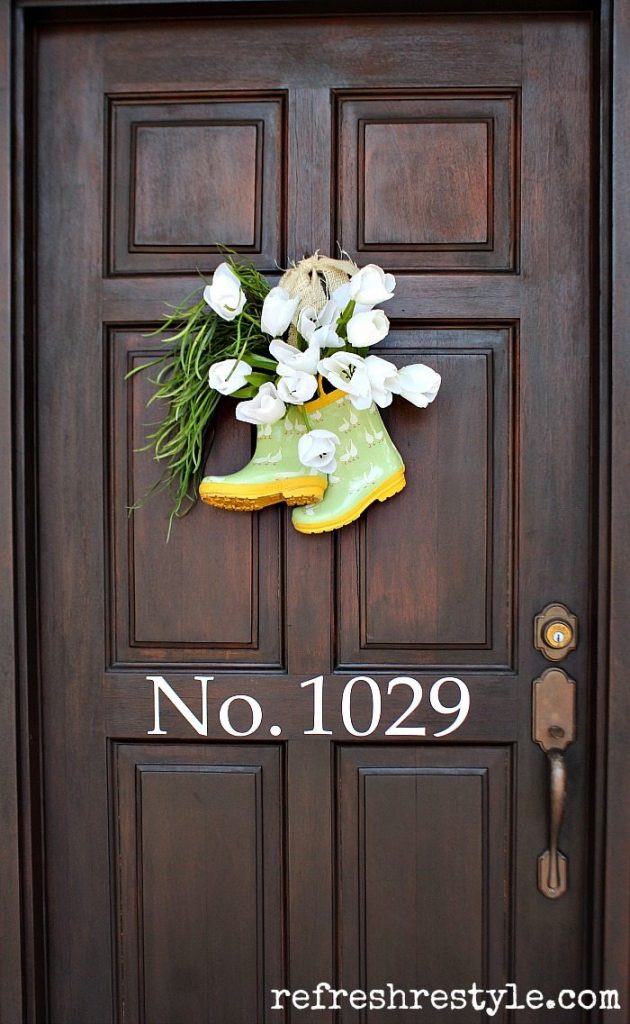 Rain Boots on the door - Spring Front Door Decor Without Wreaths