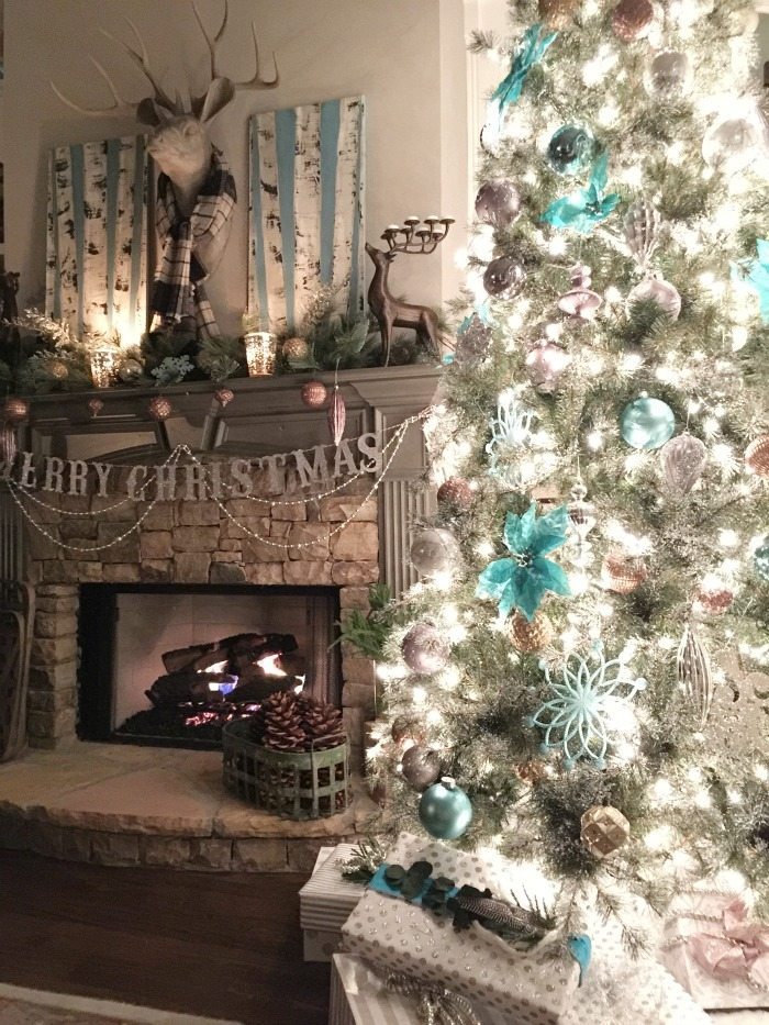Balsam Hill Christmas tree in metallics and turquoise aqua 