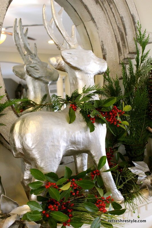 Christmas Mantel with silver and natural elements.