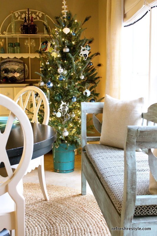 Christmas Tree - A small farmhouse kitchen needs a Christmas Tree in an Ice Cream churn bucket. And if the ice cream churn bucket is aqua or turquoise that's even better!