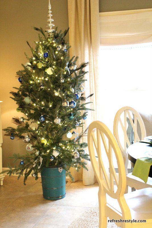 Wood Ice Cream Churn - A small farmhouse kitchen needs a Christmas Tree in an Ice Cream churn bucket. And if the ice cream churn bucket is aqua or turquoise that's even better!