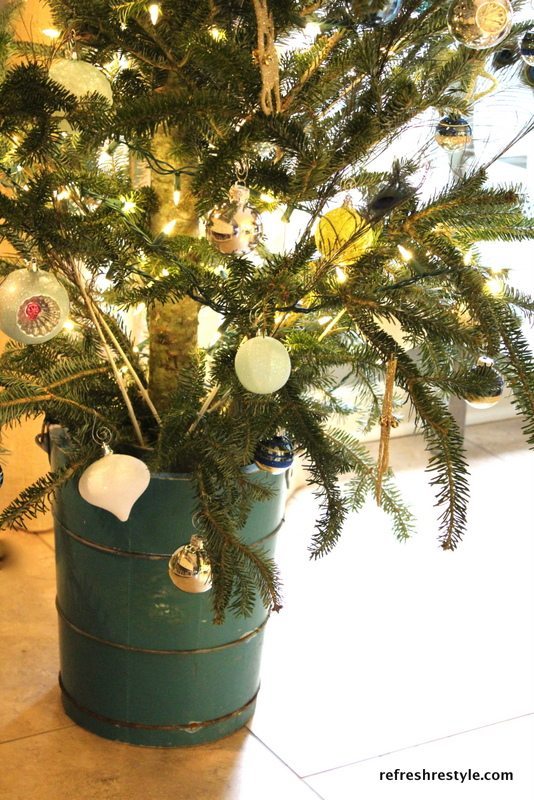 Wooden Ice Cream Churn - A small farmhouse kitchen needs a Christmas Tree in an Ice Cream churn bucket. And if the ice cream churn bucket is aqua or turquoise that's even better!