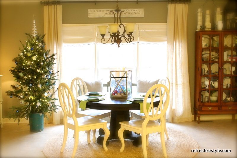 Christmas Tree view from the sink - A small farmhouse kitchen needs a Christmas Tree in an Ice Cream churn bucket. And if the ice cream churn bucket is aqua or turquoise that's even better!