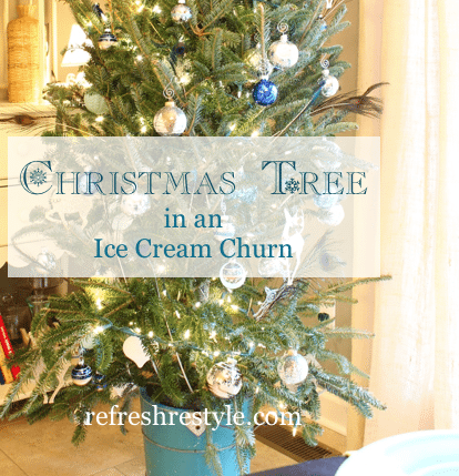 A small farmhouse kitchen needs a Christmas Tree in an Ice Cream churn bucket. And if the ice cream churn bucket is aqua or turquoise that's even better!