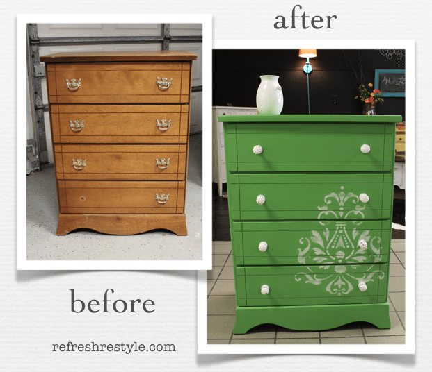 before and after green with stencil