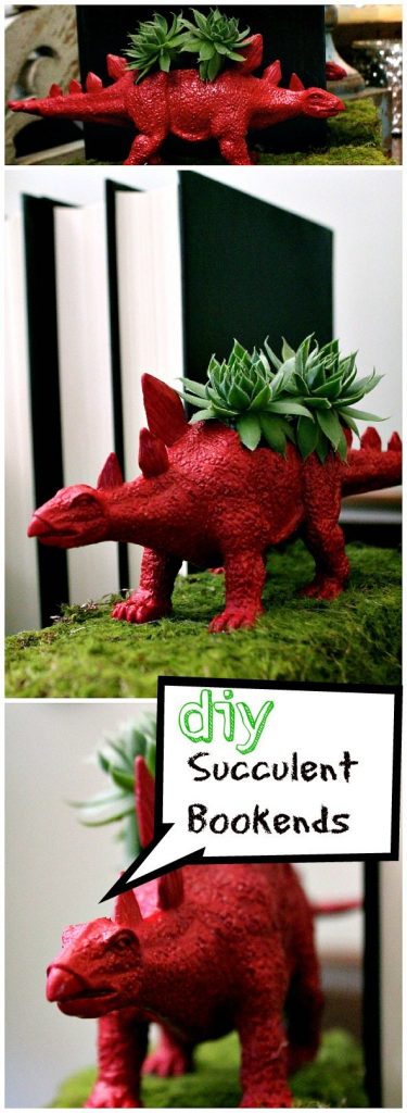 dino bookends with succulents