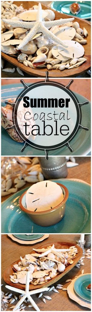 Summer Coastal Table seashells, aqua, starfish, sand dollars #coastaldecor #beachinspired #summer