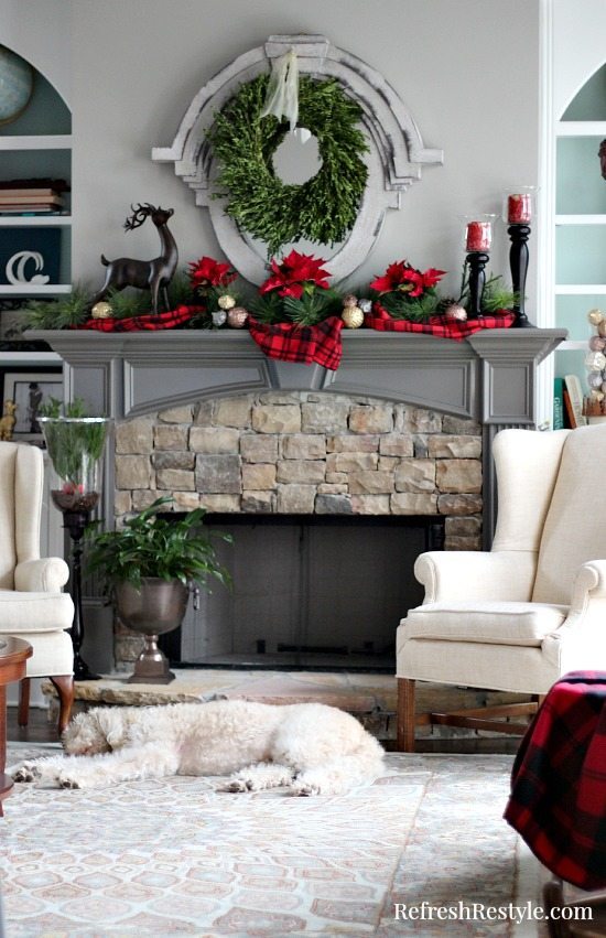 Christmas Tree Mantel Plaid Decor at refreshrestyle.com