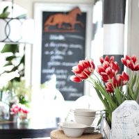 Spring tulips in frugal decor.