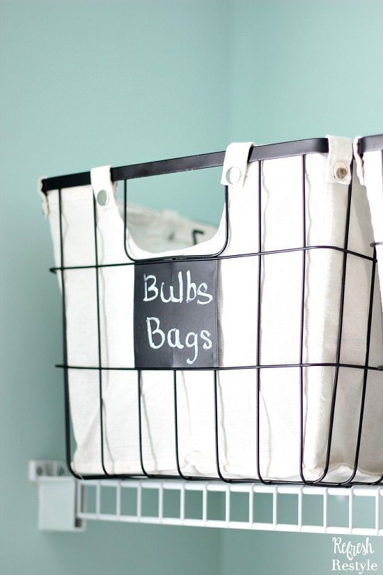 Laundry Room Storage with Wire Baskets Chalkboard Tags