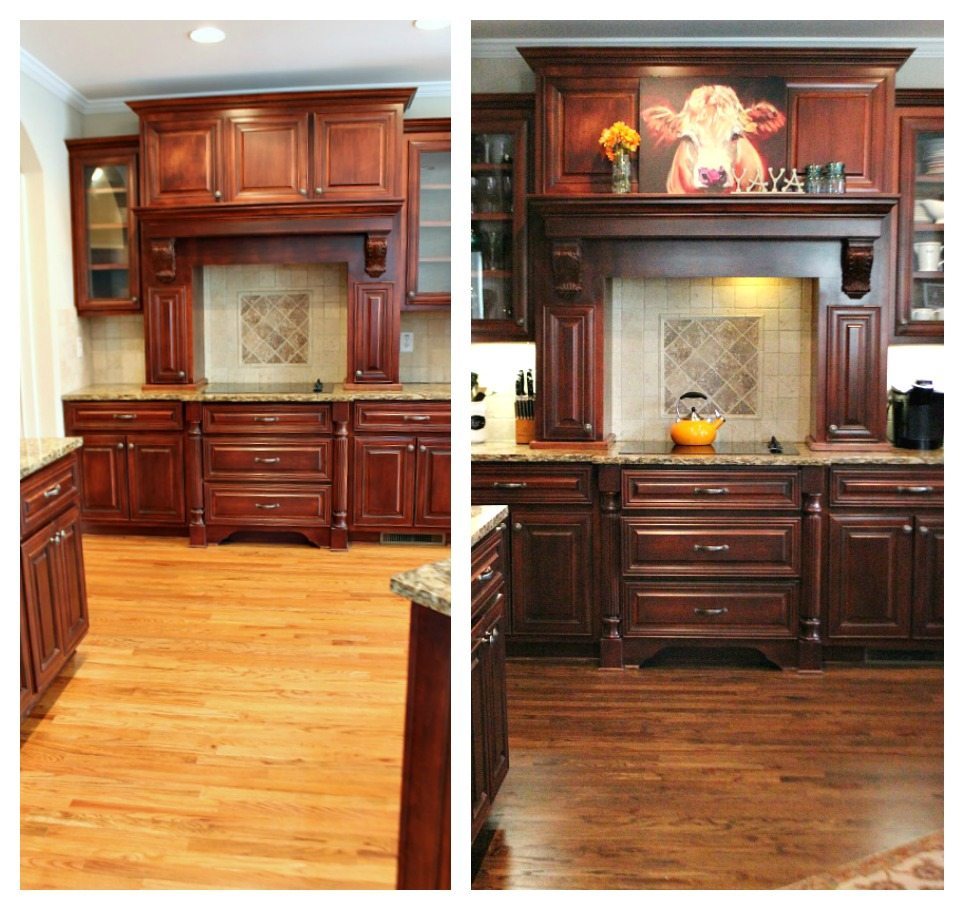 Before and After dark stain on the kitchen floors.