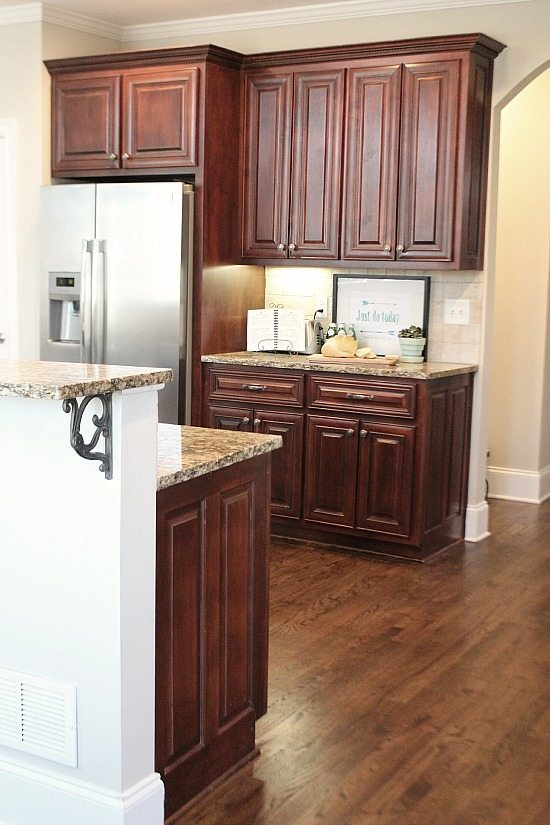 Kitchen with dark floors.