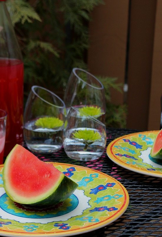 Spring dining on the patio, colorful dinnerware.