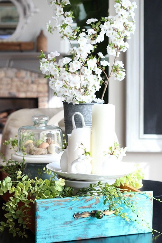 Tray made from and old drawer, stuffed with beautiful spring decor