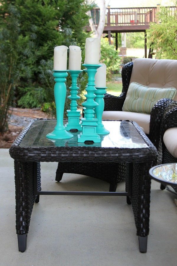 Center piece of tall aqua candle sticks