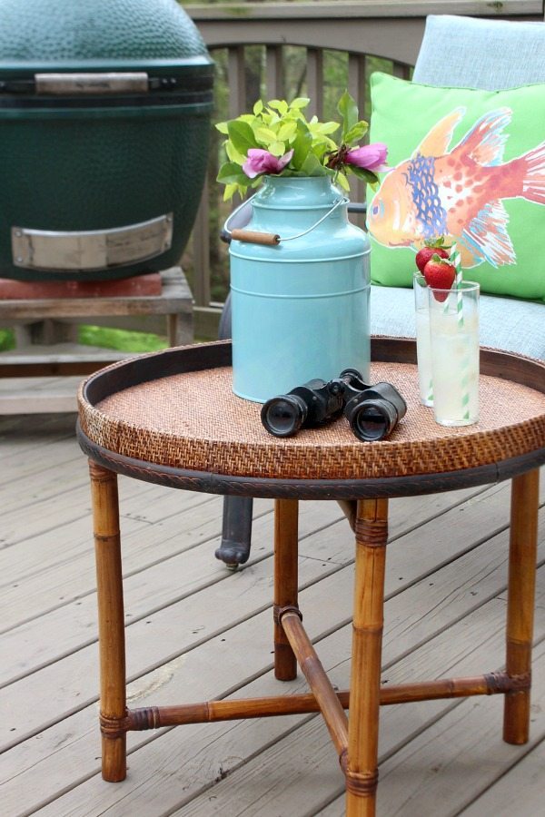 Thrifted bamboo table used on the deck. Perfect in front of the love seat