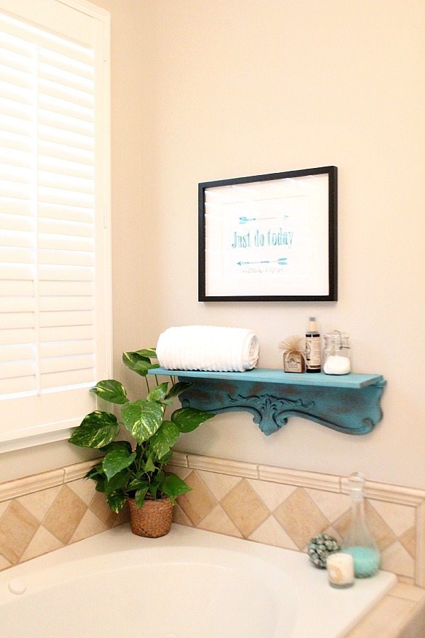 Repurposed bath shelf with Krylon Chalky Finish paint