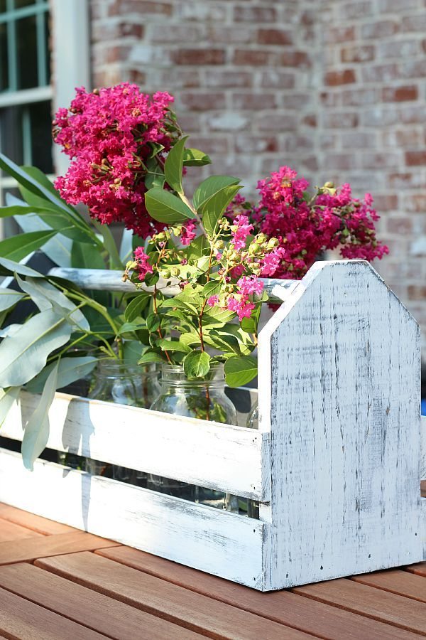 Farmhouse centerpiece with a wood tool box