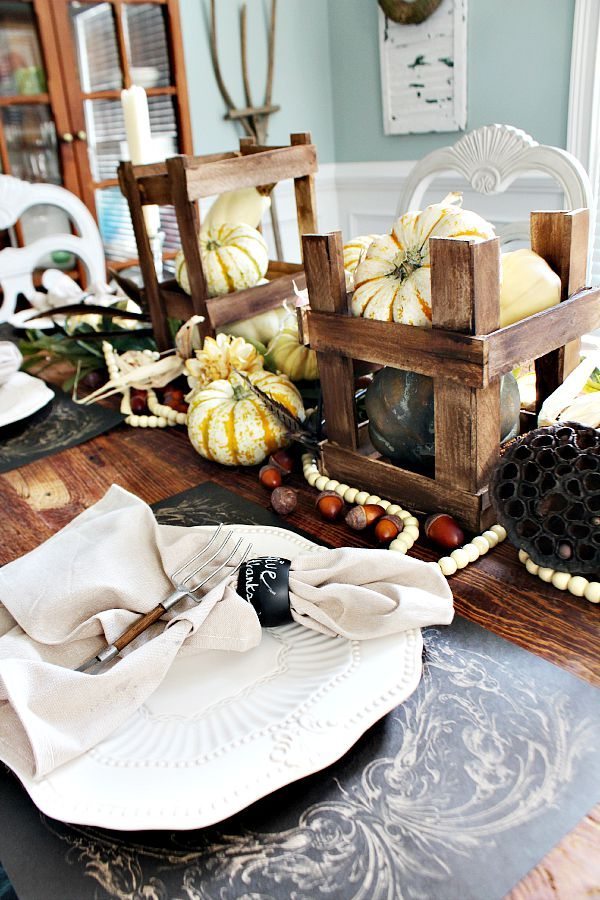 Crates filled with pumpkins for fall harvest tablescape refreshrestyle.com