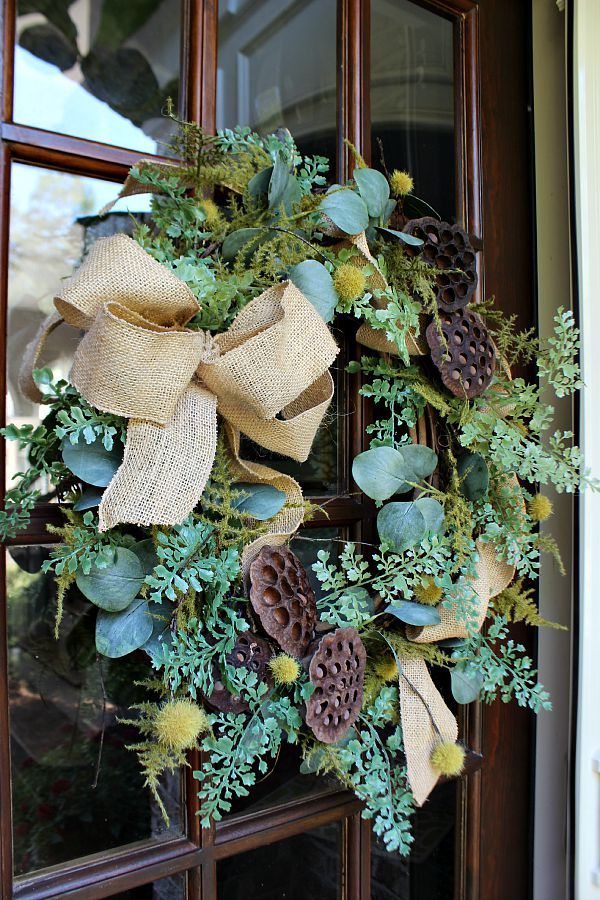 Eucalyptus, burlap, seed pods make the perfect wreath all from Daisy Mae Belle ETSY shop made for refreshrestyle.com