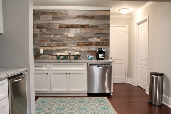 Finished wall in the basement kitchen with barn wood, one afternoon, real wood. No nails required, peel and stick at RefreshRestyle.com