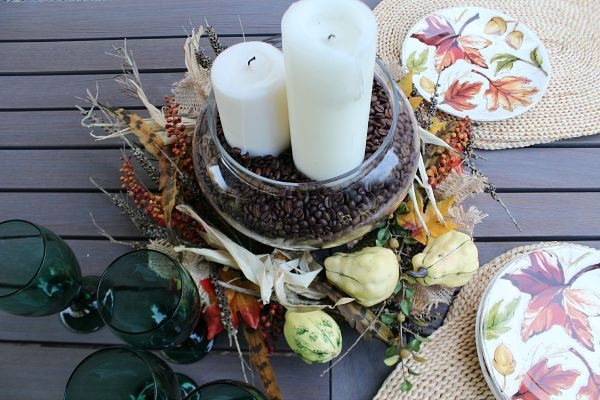 Nature inspired, candles, coffee beans centerpiece idea at refreshrestyle.com