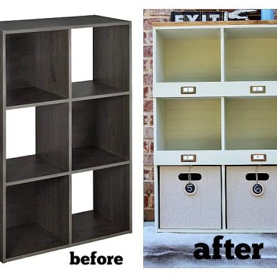 Before and after of a laminate storage cube makeover at refreshrestyle.com