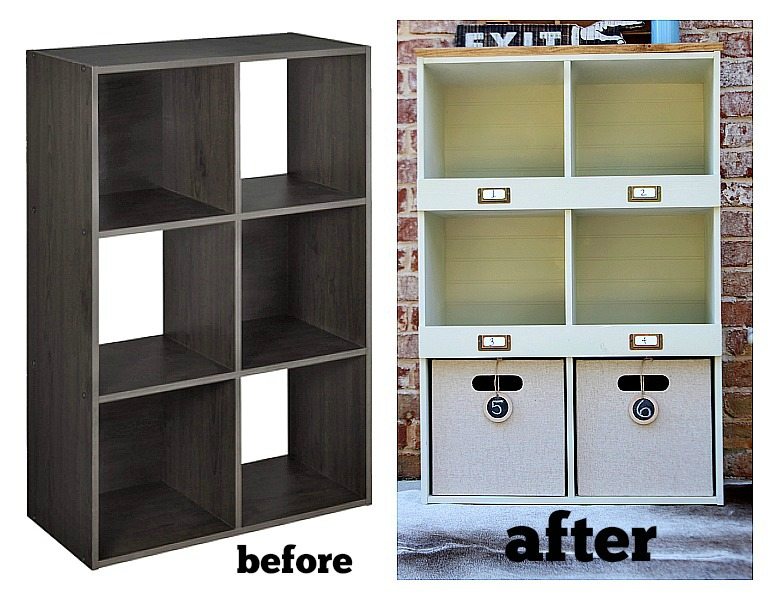 Before and after of a laminate storage cube makeover at refreshrestyle.com