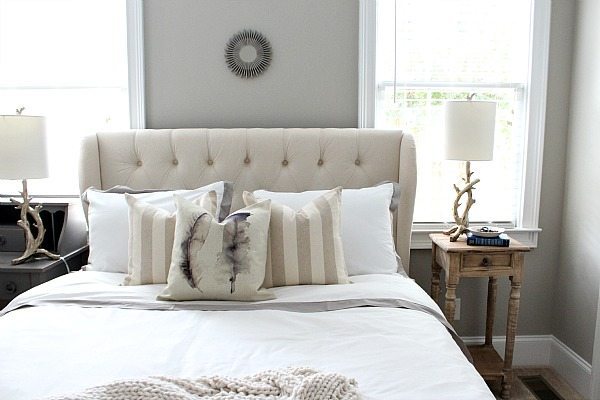 Frugal guest bedroom makeover with upholstered headboard from Walmart refreshrestyle.com