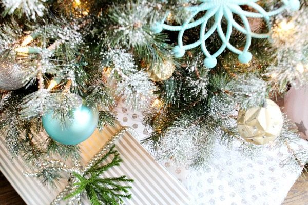 Balsam Hill Christmas Tree in turquoise and metallics