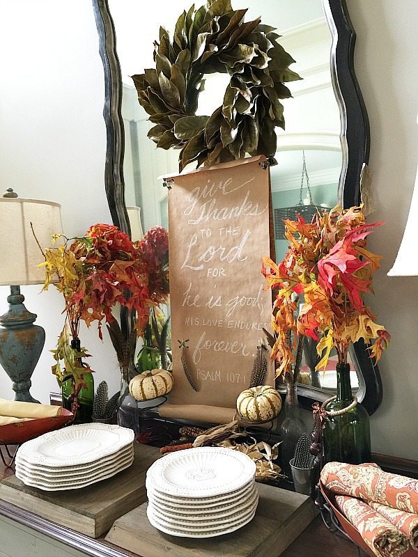 Magnolia Wreath and Give Thanks Scroll for the Thanksgiving Buffet