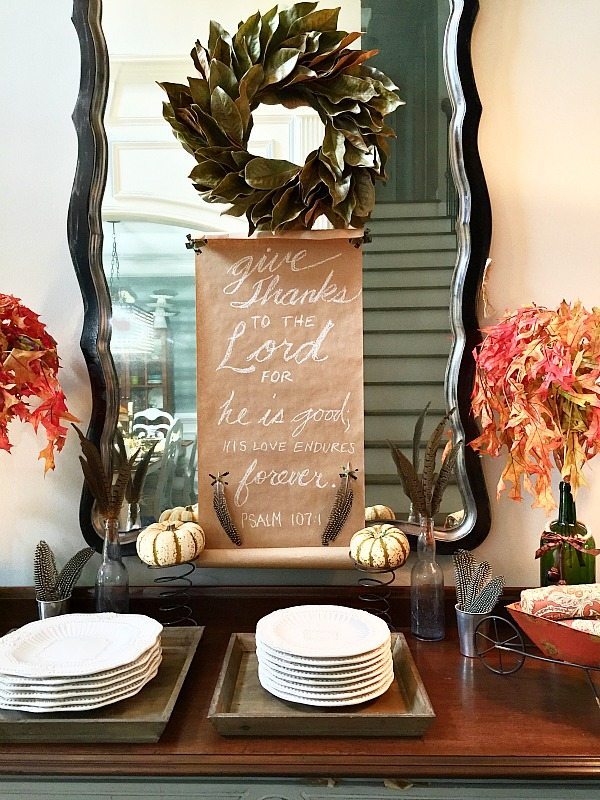 Magnolia Wreath and Give Thanks Scroll for the Thanksgiving Buffet