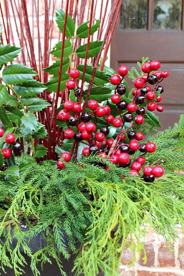 Winter filler for flower pots found in the garden with the addition of faux berries