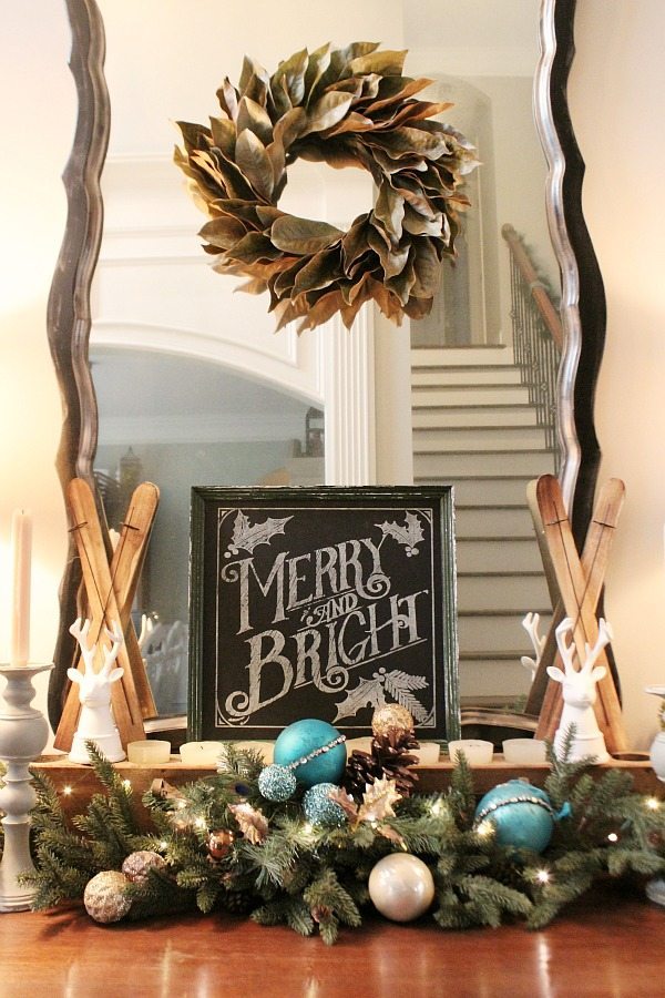 Merry and Bright entry idea with chalkboard and tiny skis