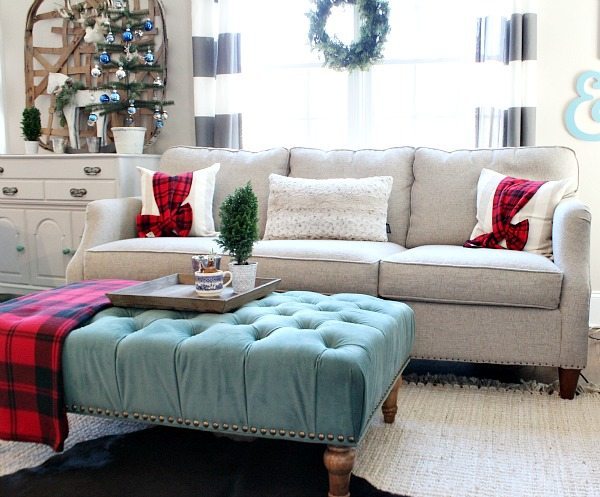 Red plaid and blues in the family room refresh restyle Christmas Home Tour