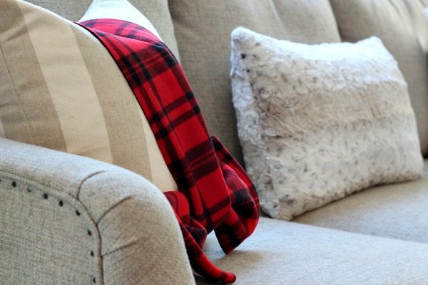 Red plaid scarved tied on to pillows refresh restyle Christmas Home Tour