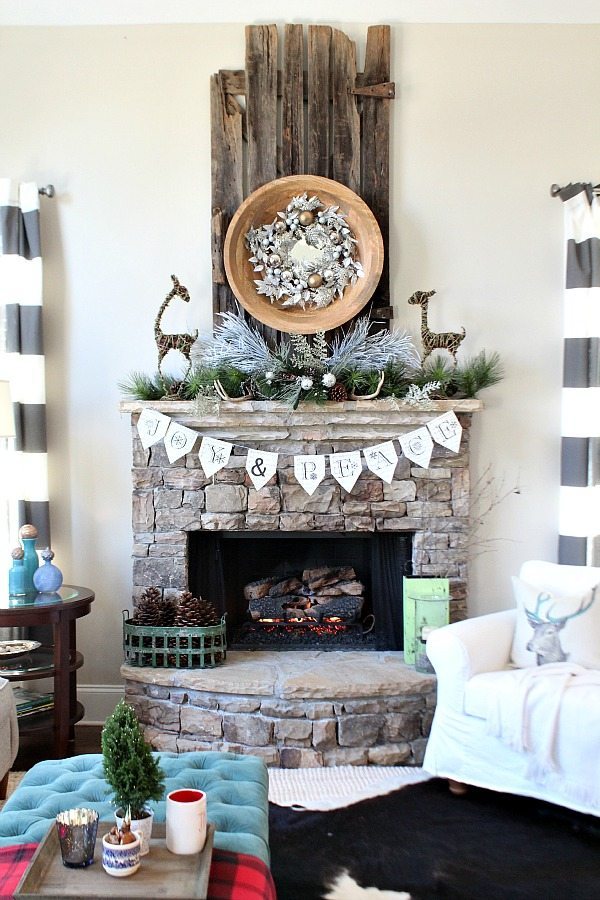 Stone fireplace hymnal banner at refresh restyle Christmas home tour