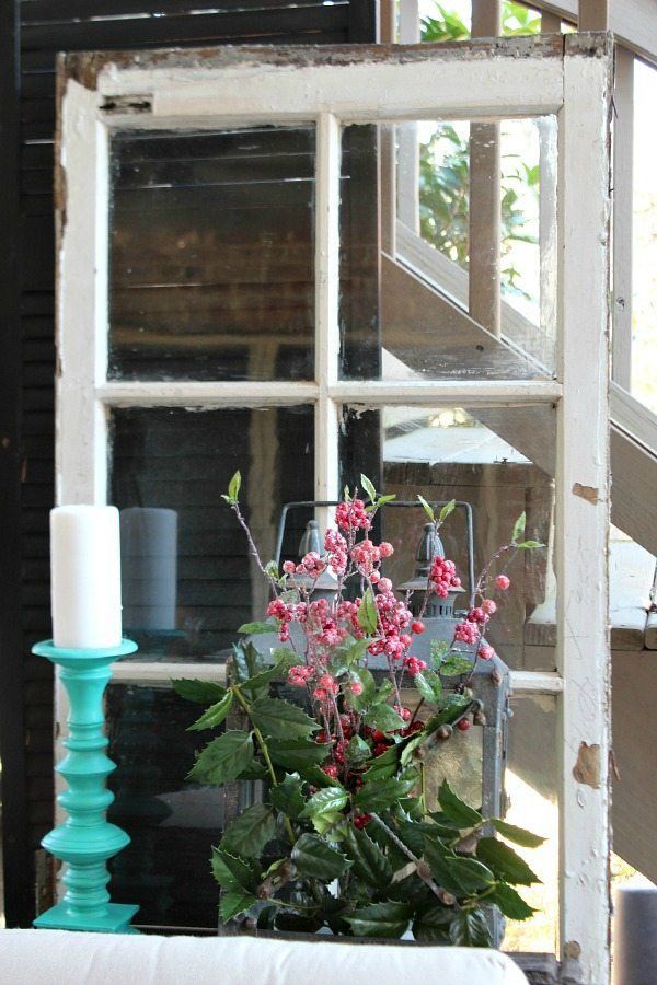 Turquoise and red Christmas decor on the patio