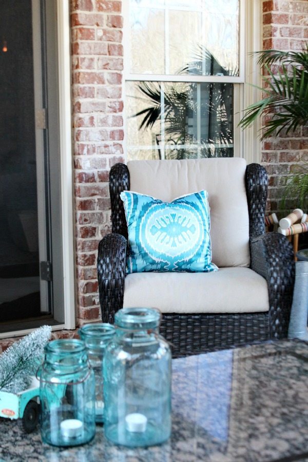 Turquoise mason jars and pillow Winter patio at Refresh Restyle