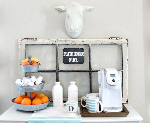 Refreshing what you have, no spend decorating. Created the farmhouse coffee station by painting the cow with chalk paint and shopping the house for details. Super fun makeover ideas.