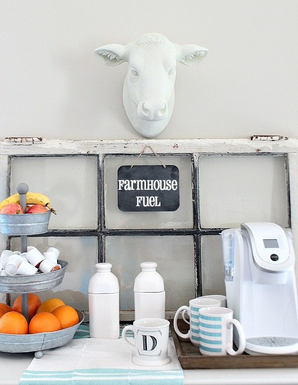 Refreshing what you have, no spend decorating. Created the farmhouse coffee station by painting the cow with chalk paint and shopping the house for details. Super fun makeover ideas.