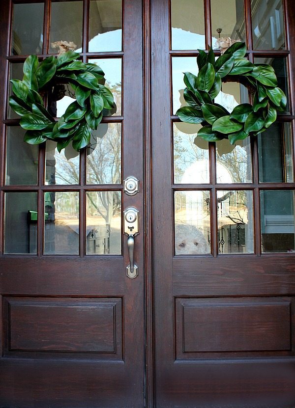 Double doors with Magnolia Wreaths - Ingredients for making a beautiful realistic looking affordable magnolia wreath