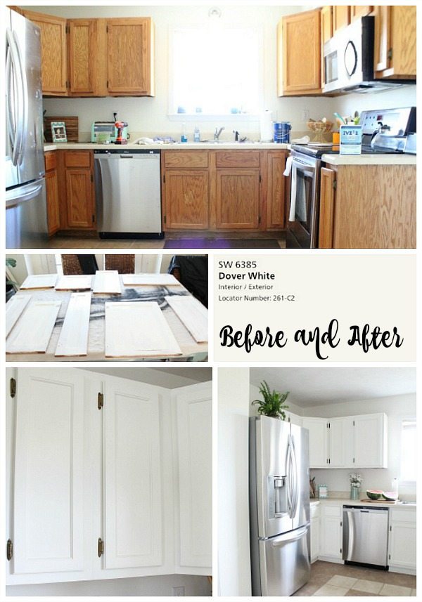 Cottage kitchen makeover with SW Dover White Kitchen Cabinets. Before and After Painted kitchen cabinets - SW dover white