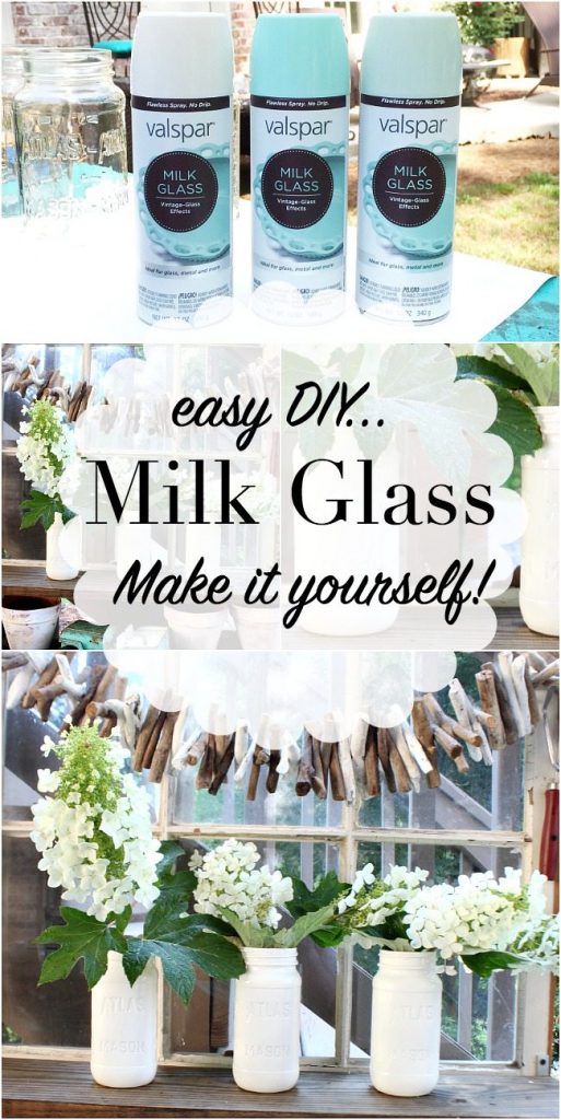 Make your own Milk Glass - use free mason jars and Valspar Milk Glass Paint details at RefreshRestyle.com