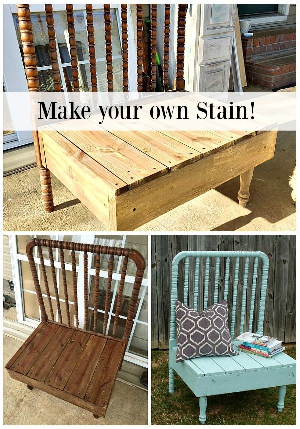 Make your own stain with 2 ingredients Steel Wool and Vinegar see it on this repurposed baby bed bench at Refresh Restyle