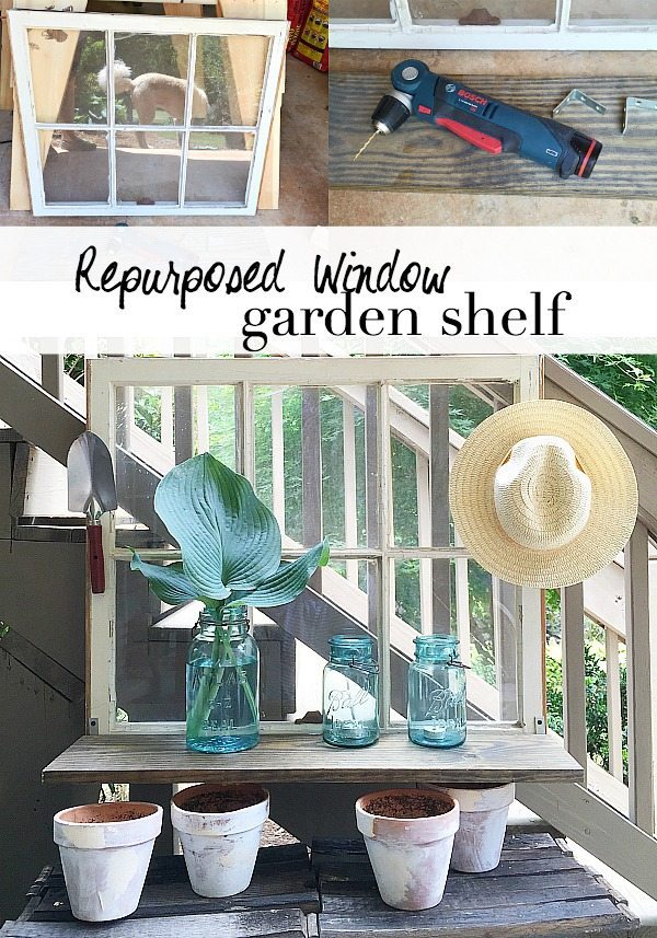 Repurposed Window is now a Garden Shelf - easy power tool challenge perfect for the patio at Refresh Restyle