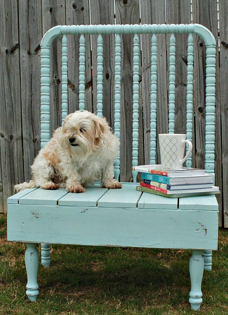 Repurposed and refreshed baby bed bench with paint and natural stain at Refresh Restyle