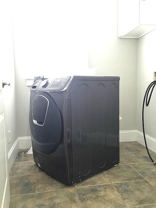 Samsung washer and dryer pair in laundry room makeover