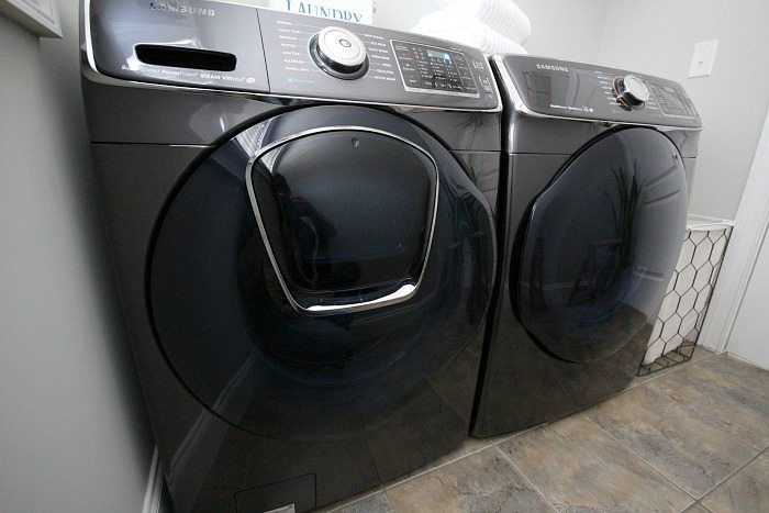 Samsung washer and dryer pair in laundry room makeover